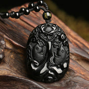 Buddha Stones Black Obsidian Koi Fish Bead Rope Fulfilment Strength Necklace Pendant Necklaces & Pendants BS Black Obsidian