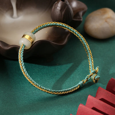 Buddha Stones 999 Gold Hetian White Jade Om Mani Padme Hum Fu Character Luck Braided Bracelet (Extra 35% Off | USE CODE: FS35) - Green Gold - 23cm - image 0