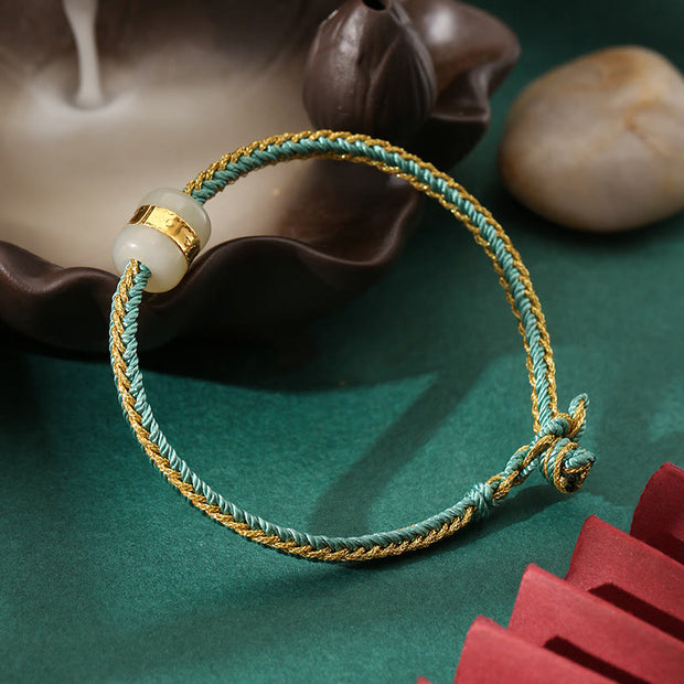 Buddha Stones 999 Gold Hetian White Jade Om Mani Padme Hum Fu Character Luck Braided Bracelet (Extra 35% Off | USE CODE: FS35) - Green Gold - 23cm - image 0