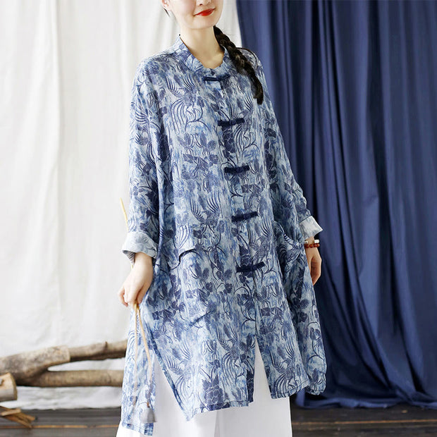 Buddha Stones Blue Flowers Butterfly Frog-Button Long Sleeve Ramie Linen Jacket Shirt With Pockets 5