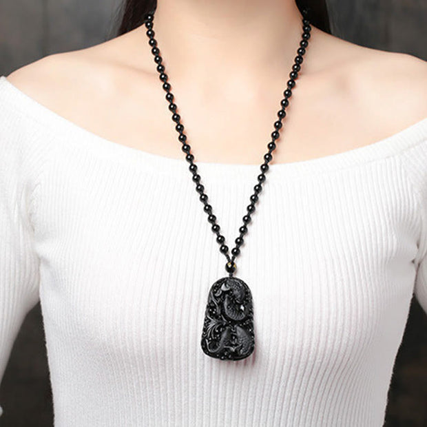 Buddha Stones Black Obsidian Koi Fish Engraved Strength Beaded Necklace Pendant Necklaces & Pendants BS 18