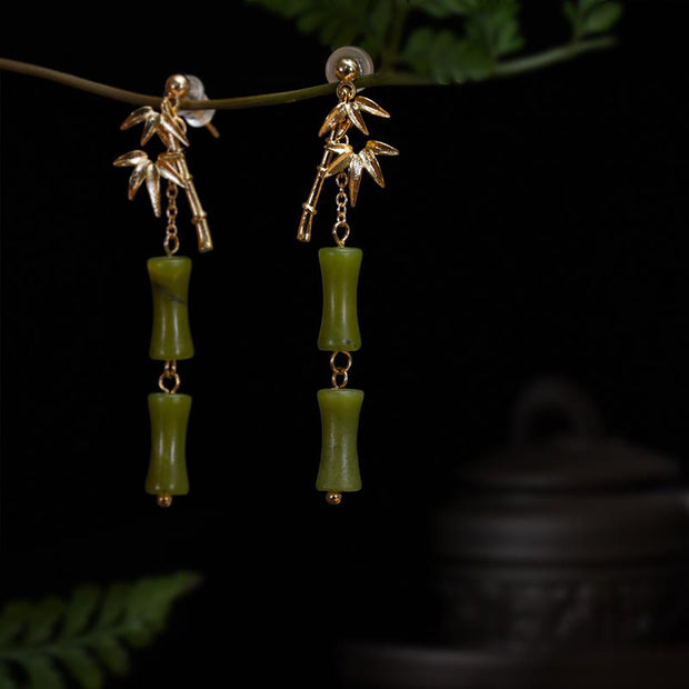 Buddha Stones 925 Sterling Silver Posts Copper Plated Gold Natural Peridot Bamboo Leaf Drop Earrings