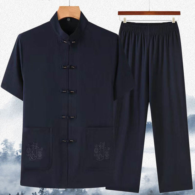 Buddha Stones Good Luck Character Tang Suit Hanfu Traditional Uniform Short Sleeve Top Pants Clothing Men's Set