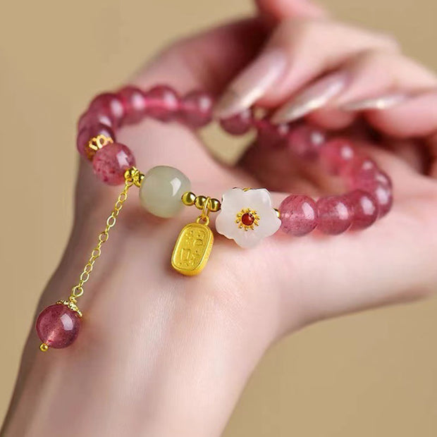 Buddha Stones Strawberry Quartz Fu Character Pink Crystal Healing Bracelet Bracelet BS 1