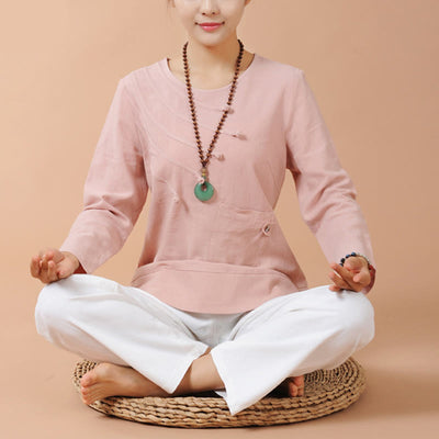 Buddha Stones 2Pcs Long Sleeve T-Shirt Tee Pants Meditation Zen Tai Chi Linen Clothing Women's Set Women's Meditation Cloth BS Pink White(Top&Pants) 5XL(Bust 120cm/Waist 105.6cm/Hips 123.6cm)