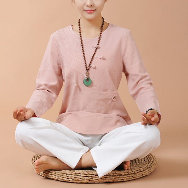 Buddha Stones 2Pcs Long Sleeve T-Shirt Tee Pants Meditation Zen Tai Chi Linen Clothing Women's Set