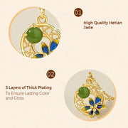 Buddha Stones 925 Sterling Silver Natural Hetian Cyan Jade Flower Luck Necklace Pendant Ring Earrings Set