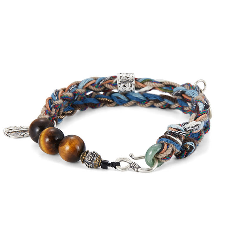 【sting925】Oriental Wave Bangle Buddha Stones 925 Sterling Silver Tiger's Eye Colorful