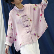 Buddha Stones Pink Flower Print Frog-button Design Batwing Long Sleeve Ramie Linen Jacket Shirt