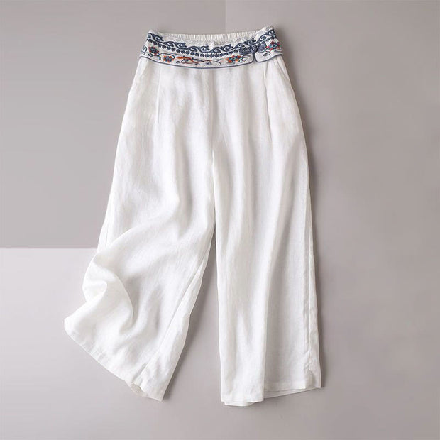 Buddha Stones Frog-button Embroidery Cotton Linen Straight Wide Leg Pants With Pockets Women's Wide Leg Pants BS White 3XL(Waist 82-104cm/Hips 124cm/Length 71cm)