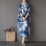 Buddha Stones Ink Tie Dye Midi Dress Three Quarter Sleeve Cotton Linen Dress With Pockets 5