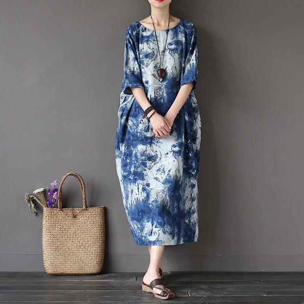 Buddha Stones Ink Tie Dye Midi Dress Three Quarter Sleeve Cotton Linen Dress With Pockets 5