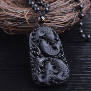 Buddha Stones Black Obsidian Koi Fish Engraved Strength Beaded Necklace Pendant Necklaces & Pendants BS 11