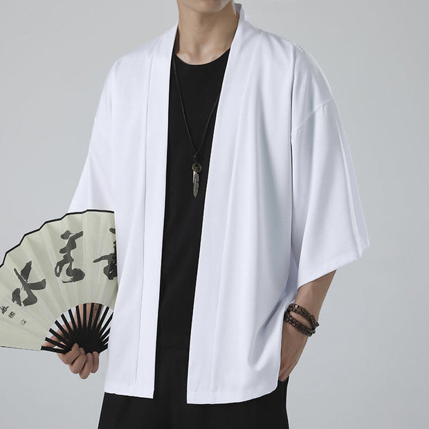 Buddha Stones Solid Color Open Front Jacket Men's Kimono