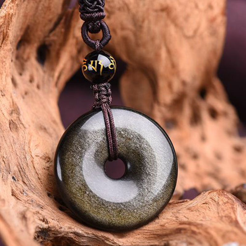Tibetan Obsidian Annular Mantra Protection Pendant Necklace Ice Obsidian Buddhastoneshop