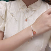 Buddha Stones Gold-plated Copper Natural Yanyuan Agate Pearl Positive Necklace Pendant Bracelet Earrings Set Bracelet Necklaces & Pendants BS 2