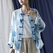Buddha Stones Tie Dye Blue Flowers Frog-Button Design Long Sleeve Ramie Linen Jacket Shirt 18