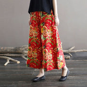 Buddha Stones Red Peony Flowers Cotton Linen Wide Leg Pants With Pockets Women's Wide Leg Pants BS 4