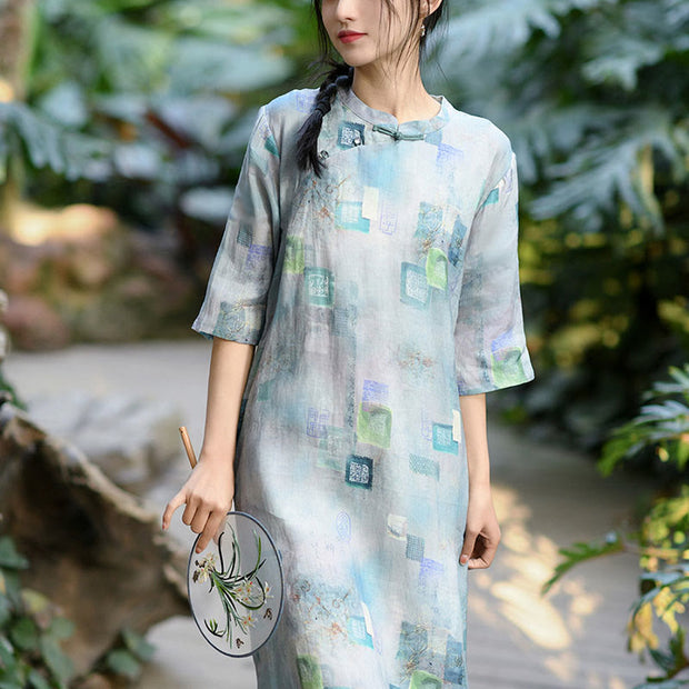 Buddha Stones Patchwork Half Sleeve Ramie Linen Chinese Style Cheongsam Midi Dress With Pockets