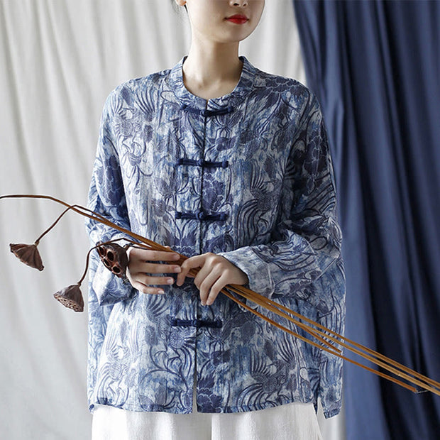 Buddha Stones Retro Blue White Flowers Frog-Button Design Long Sleeve Ramie Linen Jacket Shirt 26