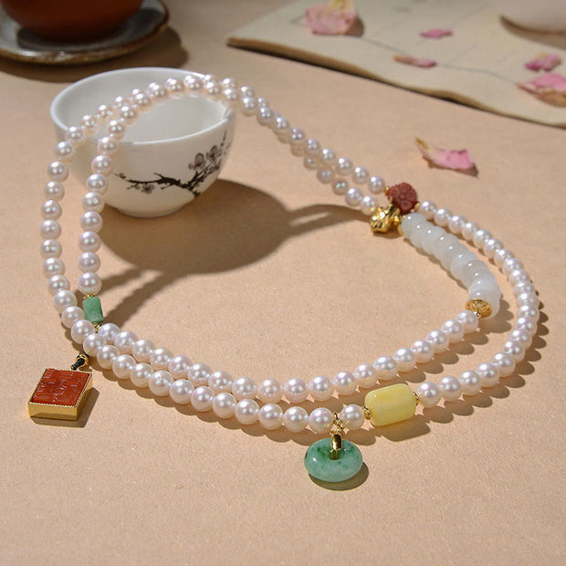 Buddha Stones 925 Sterling Silver Pearl Hetian Jade Red Agate Double Happiness Amber Luck Quadruple Wrap Bracelet (Extra 30% Off | USE CODE: FS30) - image 3