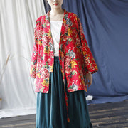 Buddha Stones Ethnic Style Northeast Red Flower Peony Print Cotton Linen Lace Up Jacket