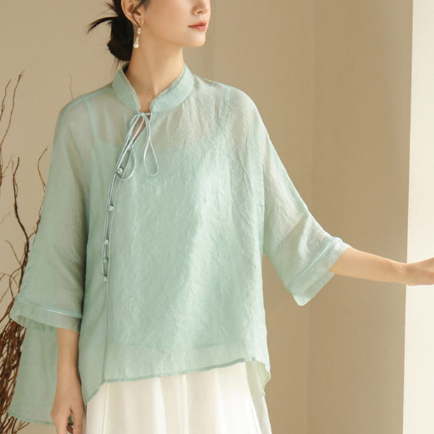 Buddha Stones Green Color Lace-up Three Quarter Sleeve Shirt With Tank Top