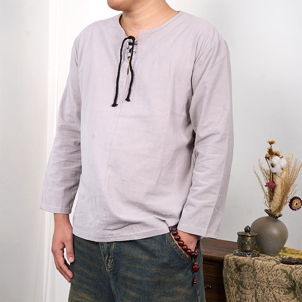 Buddha Stones Solid Color Lace-up Long Sleeve Cotton Linen Men's Shirt