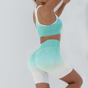 Buddha Stones 2Pcs Gradient Seamless Crop Top Bra Shorts Sports Fitness Gym Yoga Outfits