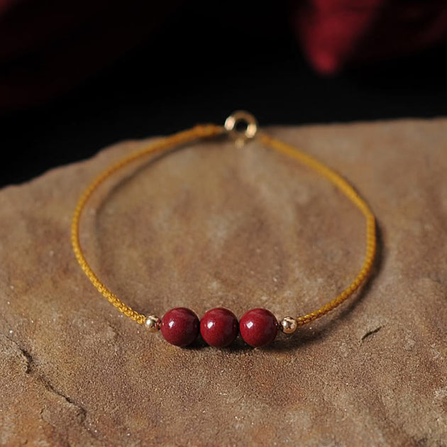 Buddha Stones 14K Gold Plated Natural Cinnabar Blessing String Braided ...