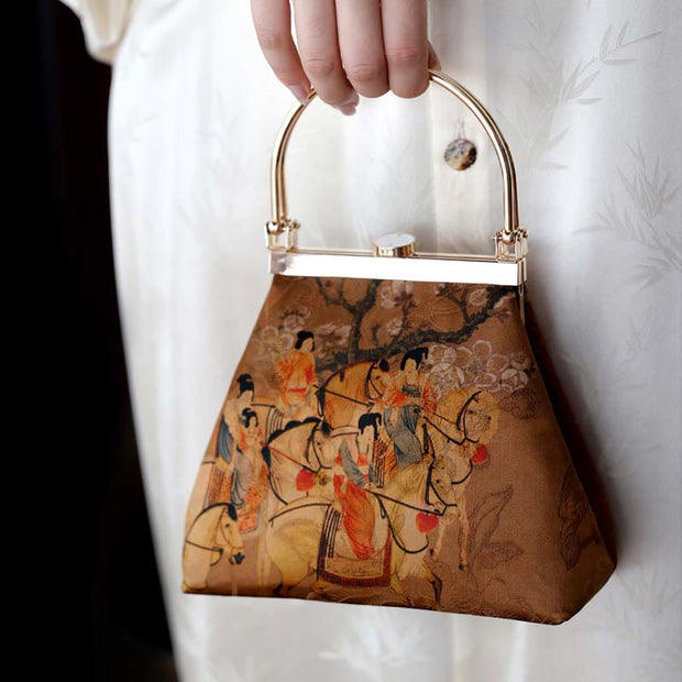 Buddha Stones Painting of Lady of Guoguo on a Spring Outing Metal Handle Handbag Handbags BS 10