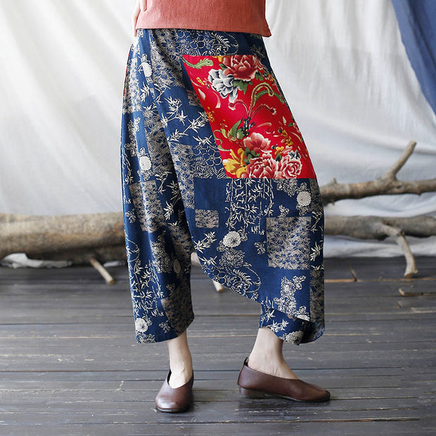 Buddha Stones Red Peony Blue Bamboo Chrysanthemum Patchwork Cotton Linen Harem Pants With Pockets 2