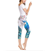 Buddha Stones Lotus Cherry Blossom Gradient Peacock Print Lycra Fabric Sports Cropped Leggings Women's Yoga Capri Pants Women's Capri Pants BS 10