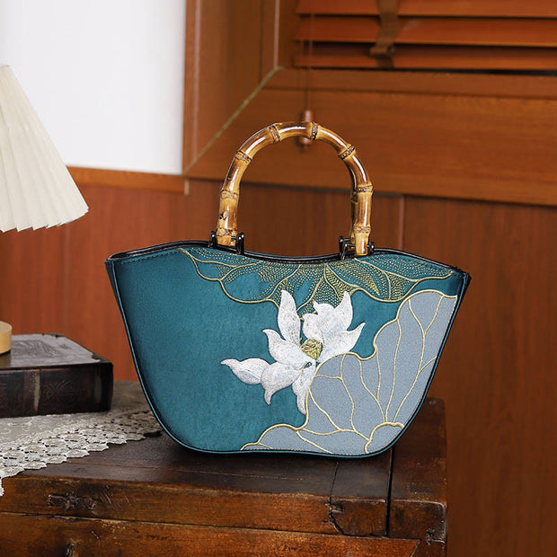Buddha Stones Lotus Embroidery Bamboo Handle Handbag Handbags BS Lotus Blue 17*11*15cm