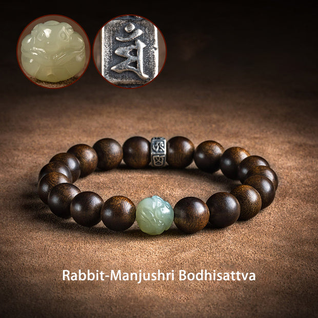 Buddha Stones Chinese Zodiac Natal Buddha Kalimantan Agarwood Jade 925 Sterling Silver Bracelet