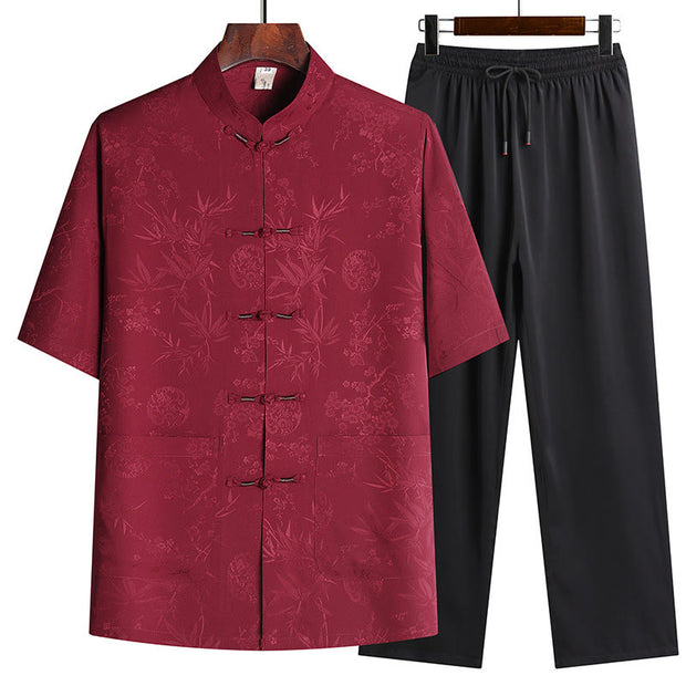 Buddha Stones Bamboo Peach Blossom Tang Suit Hanfu Traditional Uniform Short Sleeve Top Pants Clothing Men's Set Men's Meditation Cloth BS Red(Top&Pants) 42/3XL