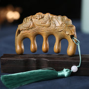 Green Sandalwood Plum Blossom Flowers Lotus Koi Fish Engraved Soothing Tassel Comb