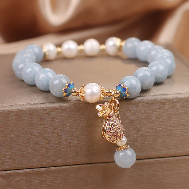 Buddha Stones Aquamarine Pearl Fortune Money Bag Charm Bracelet Bracelet BS Aquamarine