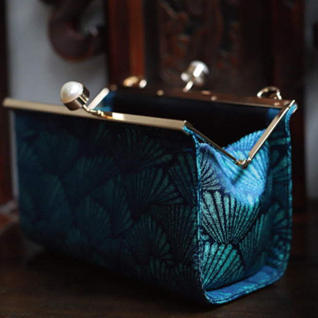 Buddha Stones Vintage Peacock Blue Leaf Pattern Pearl Metal Handbag Handbags BS 4