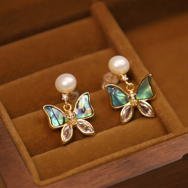 Buddha Stones 18K Gold Plated Copper Natural Shell Pearl Butterfly Sincerity Stud Earrings 2