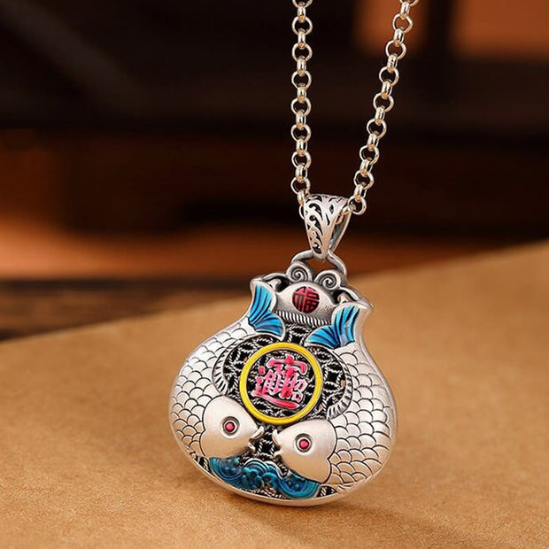 Buddha Stones Copper Koi Fish Fu Character Bag Luck Necklace Pendant