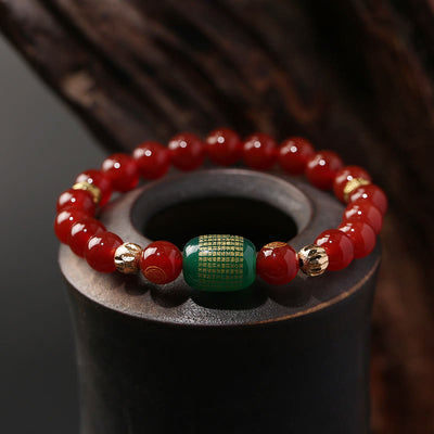 Buddha Stones Natural Red Agate Green Agate Buddhist Sutras Calm Bracelet Bracelet BS Green Agate Bucket Bead Bracelet(Wrist Circumference: 14-16cm)