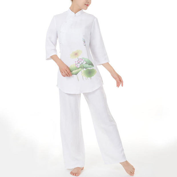 Buddha Stones 2Pcs White Lotus Flower Leaf Half Sleeve Shirt Top Pants Meditation Zen Tai Chi Linen Clothing Women's Set