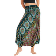 Buddha Stones Two Style Wear Mandala Flower Pattern Loose Smocked Harem Trousers Jumpsuit High Waist Pants