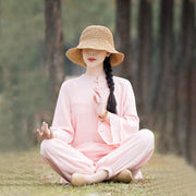 Buddha Stones 2Pcs Plain Design Top Pants Meditation Yoga Zen Tai Chi Cotton Linen Clothing Women's Set Clothes BS Pink Front Chinese Frog Button(Top&Pants) 2XL(Suitable for Weight 65-72.5kg)