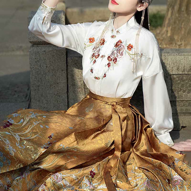 Buddha Stones Golden Flower Phoenix Embroidery Long Sleeve Shirt Top Chinese Hanfu Ming Dynasty Horse Face Skirt Mamianqun Skirt 7