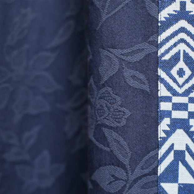 Buddha Stones Blue Flowers Embroidery Jacquard Midi Dress Three Quarter Sleeve Cotton Dress With Pockets 11