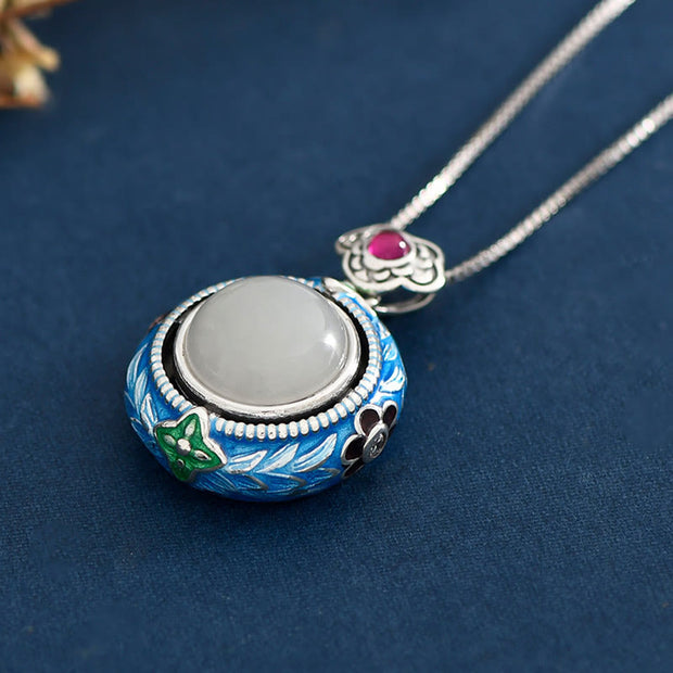 Buddha Stones 925 Sterling Silver Blue Enamel Round Hetian Jade Luck Necklace Pendant Ring Set Bracelet Necklaces & Pendants BS 3