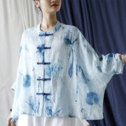 Buddha Stones Tie Dye Blue Flowers Frog-Button Design Long Sleeve Ramie Linen Jacket Shirt 13