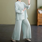 Buddha Stones 2Pcs Tang Suit Long Sleeve Shirt Top Pants Meditation Zen Tai Chi Cotton Linen Clothing Women's Set Women's Meditation Cloth BS 20
